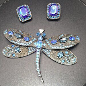 Scherrer Paris Dragonfly Brooch Thelma Deutsch Earrings Blue Black Metal Crystal
